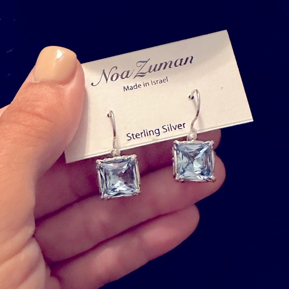 NOA ZUMAN EARRINGS STERLING SILVER 925 CZ Blue Crystal SQUARE DROP I… - Picture 2 of 4